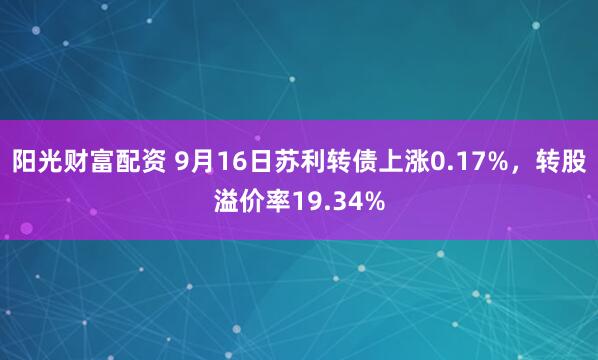 阳光财富配资 9月16日苏利转债上涨0.17%，转股溢价率19.34%
